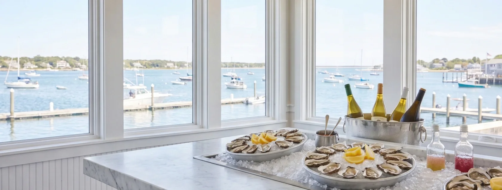 A marble raw bar with platters of Wellfleet oysters on crushed ice by big harbor windows at Saltmarsh Oyster Bar